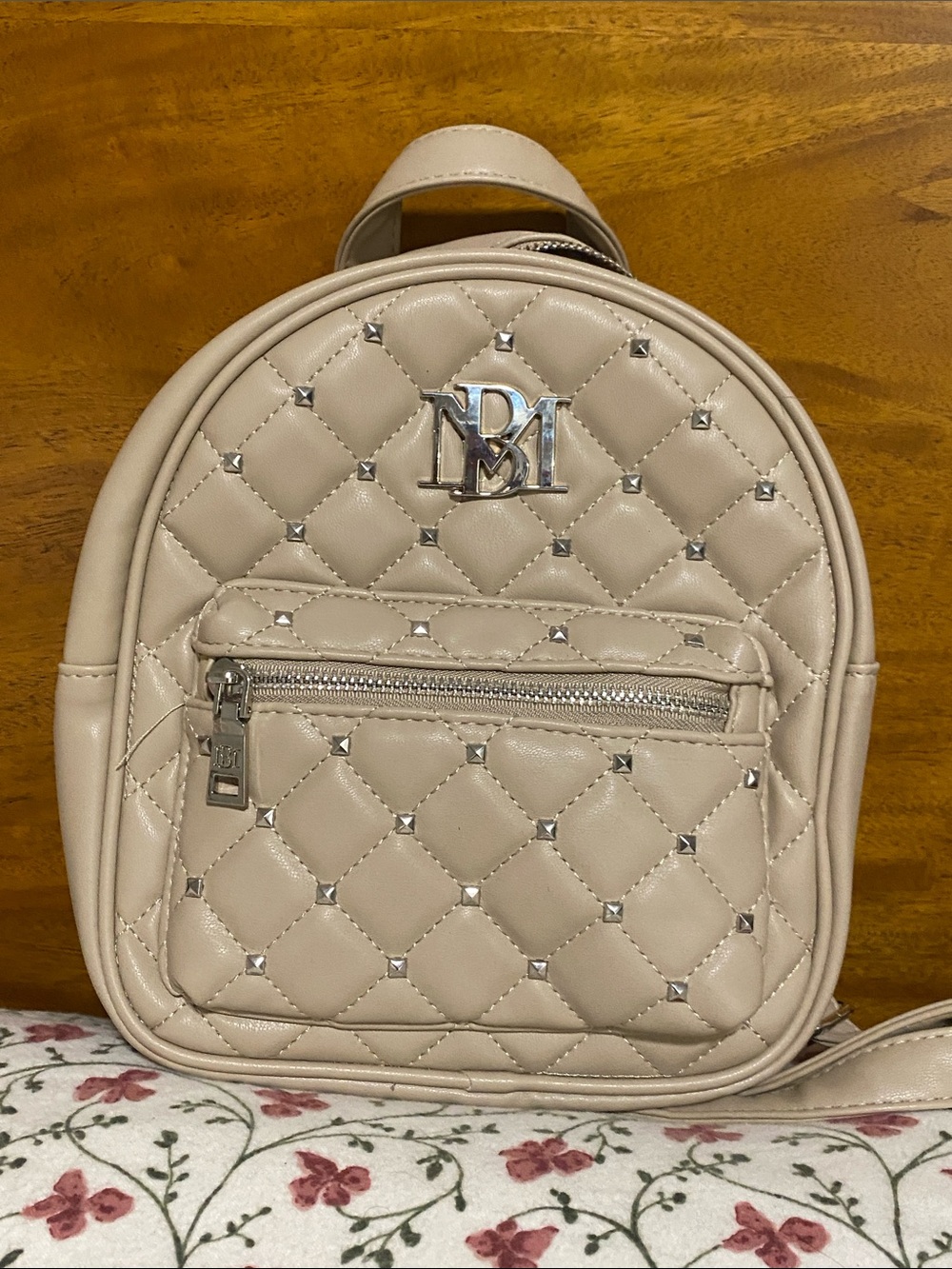 Badgley Mischka Quilted Cream Mini Backpack with Silver Studs